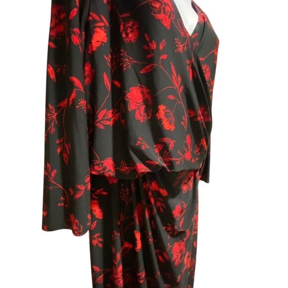 Lauren Ralph Lauren Dress 16 Surplice Jersey Faux Wrap Black Red Midi - Picture 7 of 15
